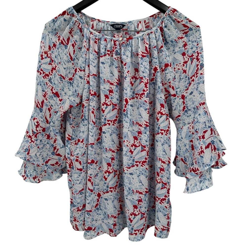 Chaps Large Peasant Blouse Red Blue Floral Ruffle Tiered 3/4 Sleeve BOHO Beach